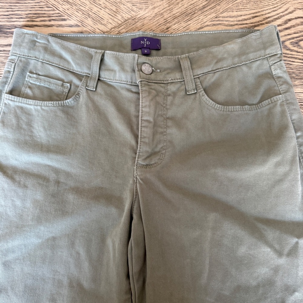 NYDJ Olive Green Cropped Pants Embroidered Hem Button Detail Size 2 - Picture 3 of 14